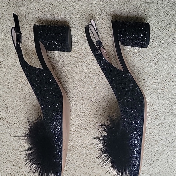 Kate Spade Black Glitter Heels With Feather Pom Pom Women Size‎ 6.5 - Picture 3 of 10